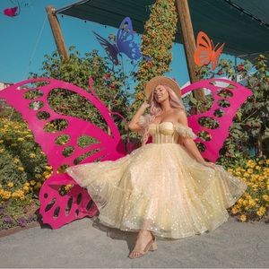 Yellow Ava Gowns Tea Length with Heart Print